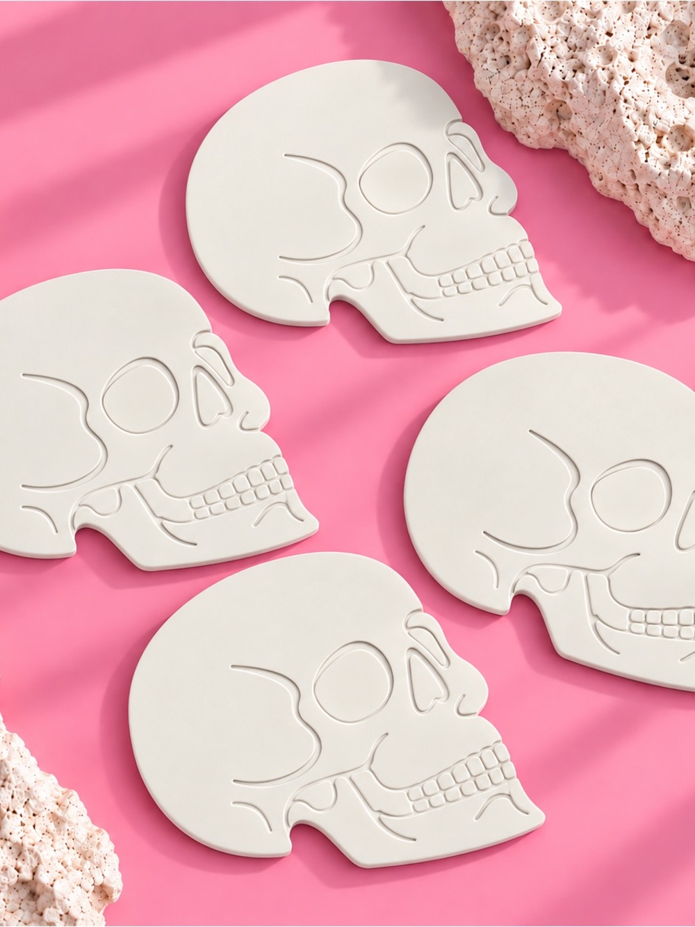 Skull Head Coaster Set — Halloween Decor — Handmade Coasters — Set of 4 — White